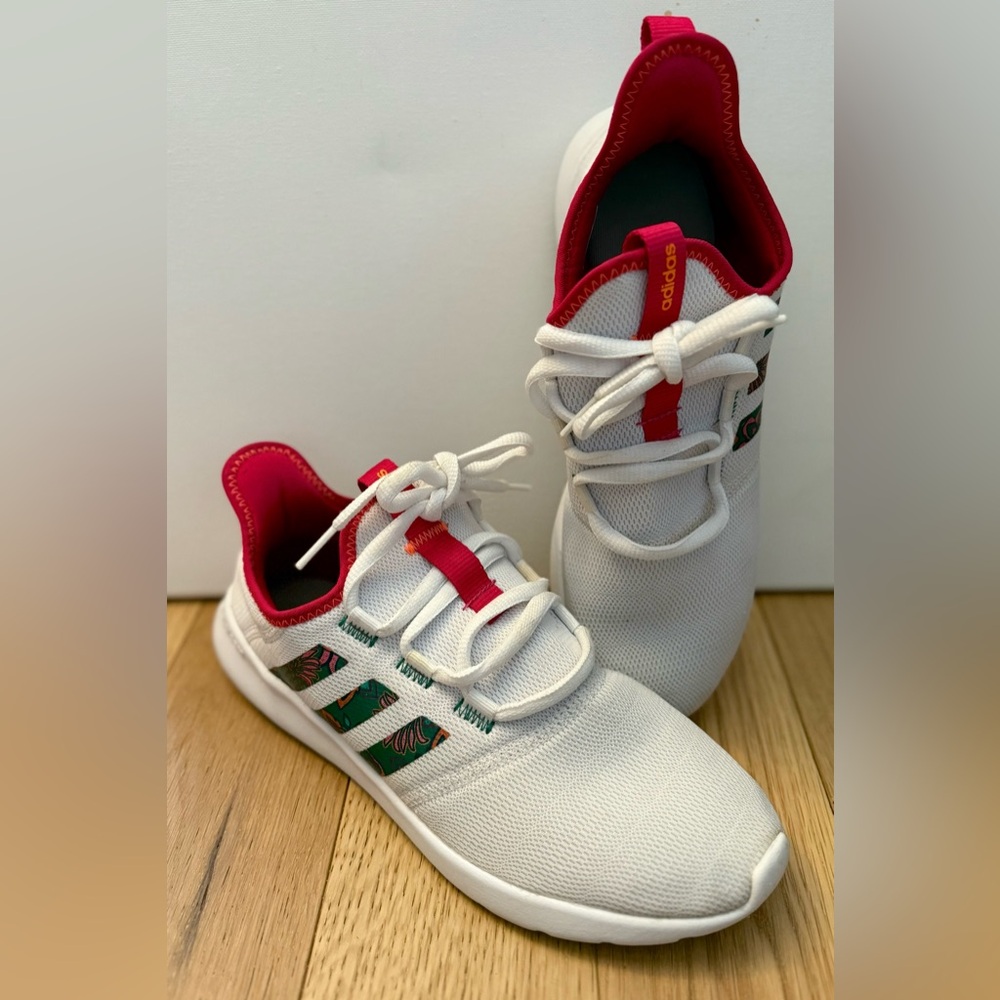 Adidas White Athletic Shoes with Red and Green Highlights